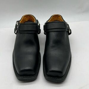 Frye Black Leather Square-Toe Clog Mules